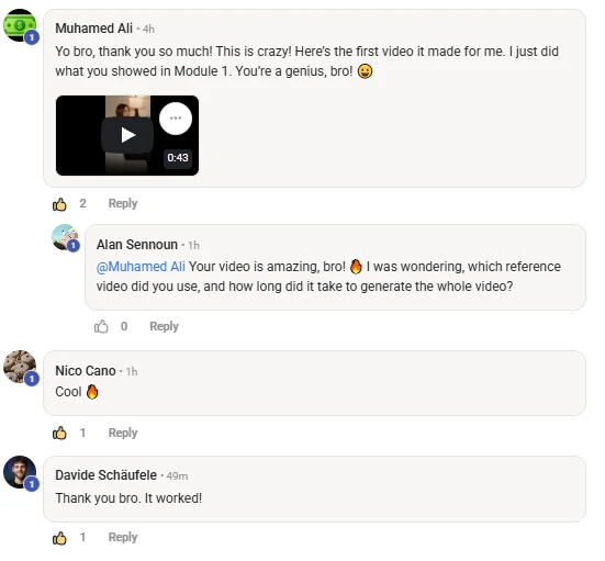 Skool comment thread: Muhamed Ali posts the first video Claude made for him after Module 1, Alan Sennoun asks which reference he used, Nico Cano says Cool, Davide Schäufele says Thank you bro. It worked!